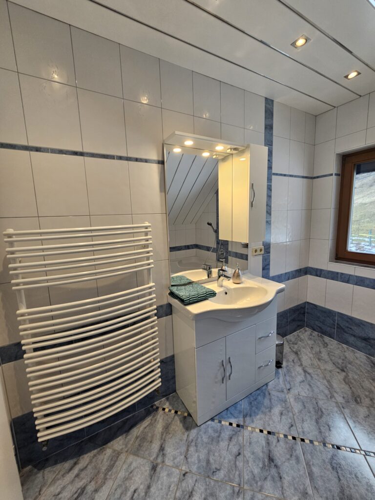 Waschbecken mit Spiegelschrank und Handtuchheizkörper