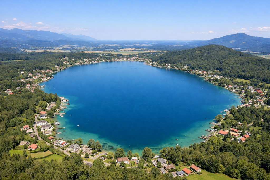 Illustration: See mit Uferbebauung, Wald und Bergen