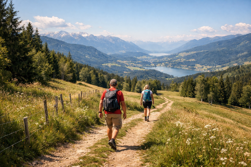 Illustration: Zwei Wandernde mit Blick auf Seen und Berge