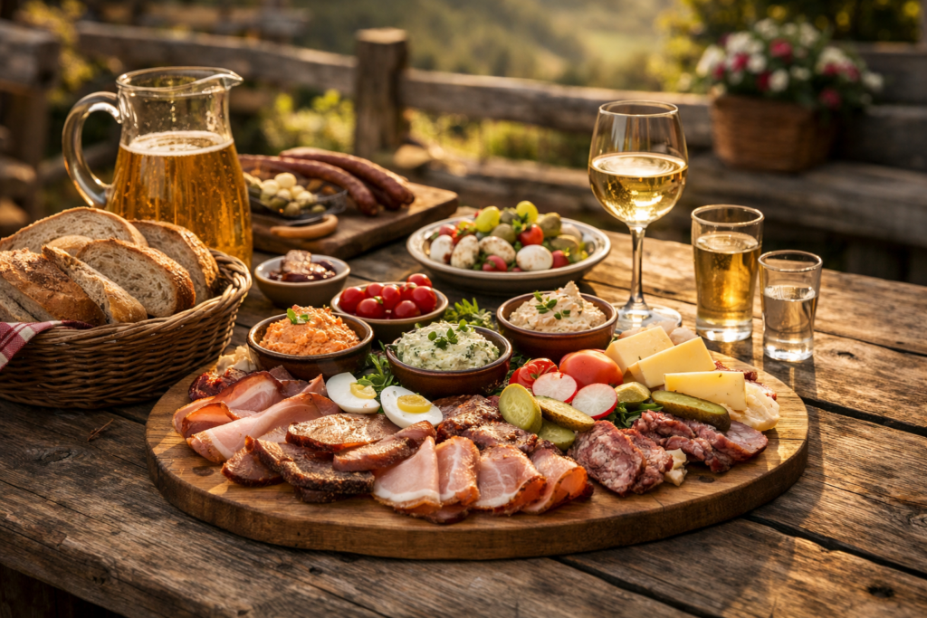 Illustration eines Jausenbretts mit Fleisch, Käse, Brot und Gemüse