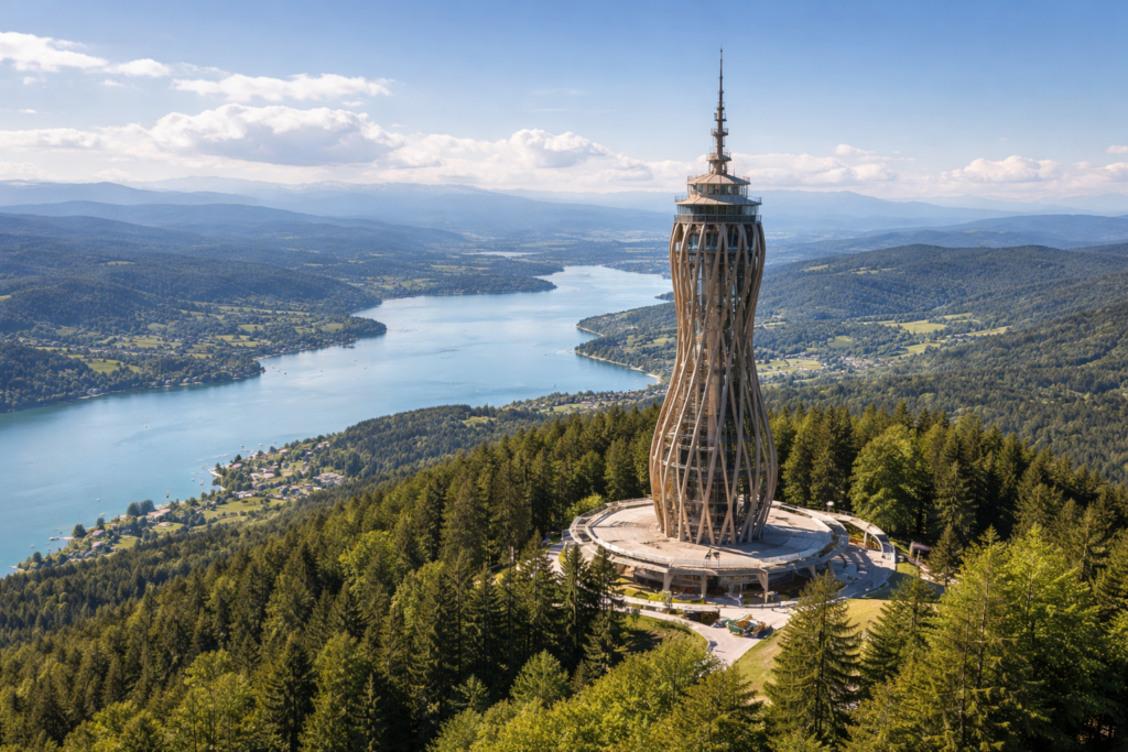 Illustration: Aussichtsturm auf einem bewaldeten Hügel über einem See
