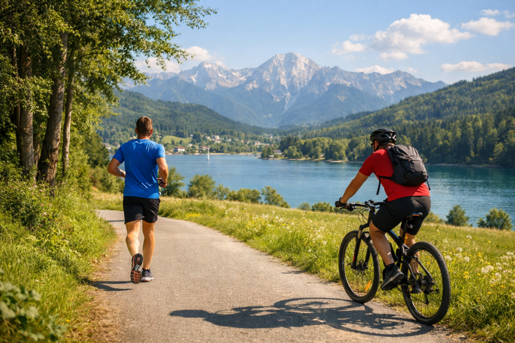 Illustration: Jogger und Radfahrer auf einem Weg am See