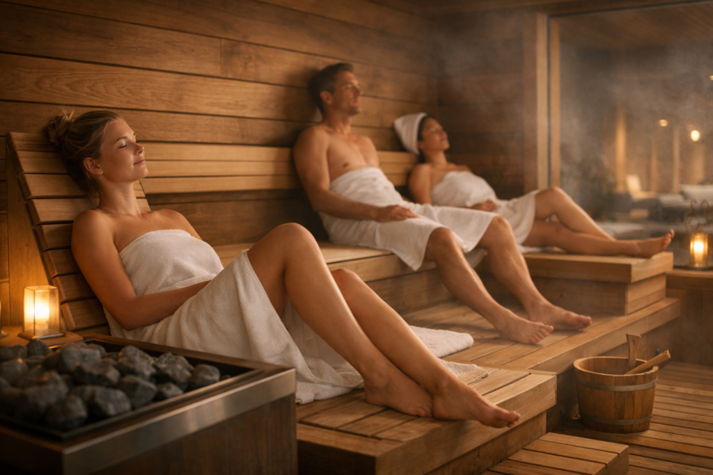 Illustration: Drei Personen entspannen in einer Sauna