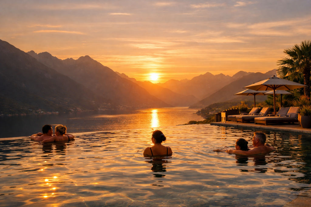 Illustration eines Infinitypools bei Sonnenuntergang