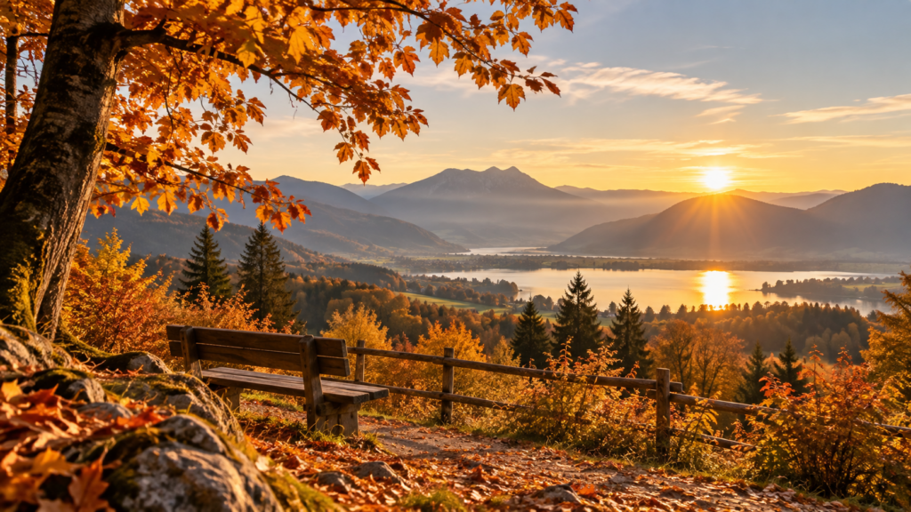 Herbstliche Landschaft mit See und Bergen